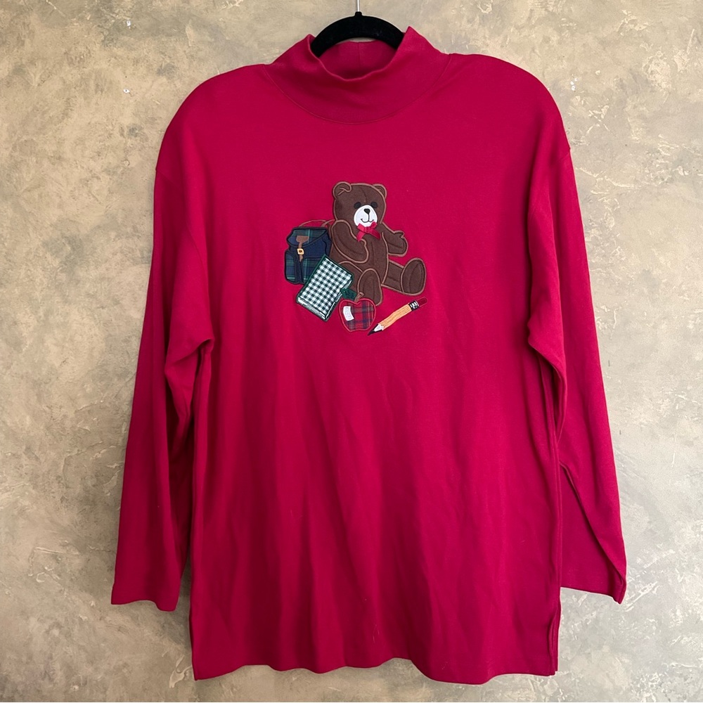 Vintage 90s Karen Scott Teddy Bear Teachercore Mock Neck Long Sleeve Top Red XL